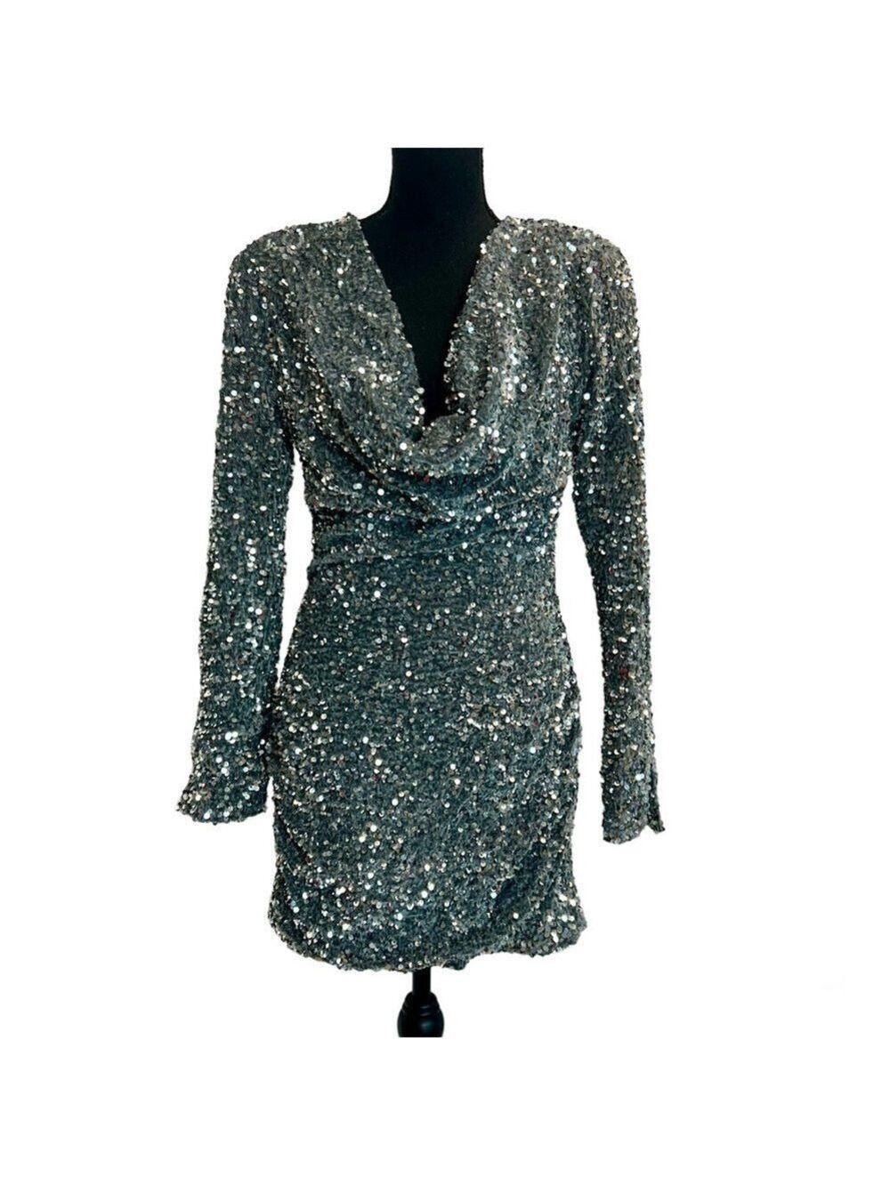 4th & Reckless gray silver sequin cowl neck long sleeve mini dress NWT